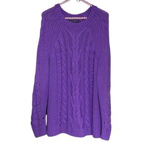 Lane Bryant 18/20 Purple Cable Knit Pom Pom Cotton‎ Blend Knit Sweater Plus 1X